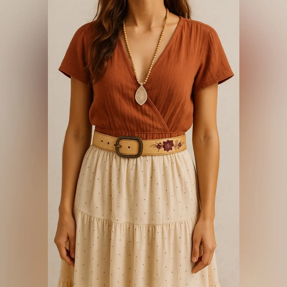 Boho‎ Embroidered Leather Belt with Floral Stitching & Antique Brass Buckle